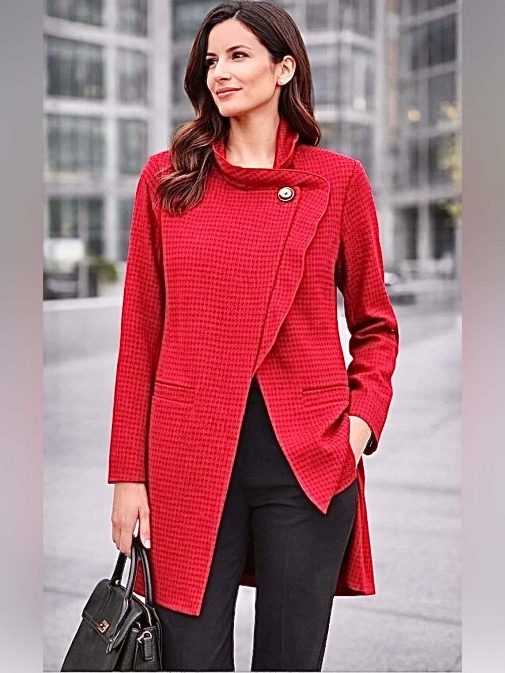 NEW cabi Celebration houndstooth coat with stand-up ruffled asymmetrical collar